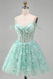 A-Line Mint Cold Shoulder Floral Corset Beaded Homecoming Dress
