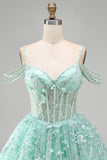 A-Line Mint Cold Shoulder Floral Corset Beaded Homecoming Dress