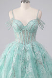 A-Line Mint Cold Shoulder Floral Corset Beaded Homecoming Dress