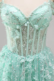 A-Line Mint Cold Shoulder Floral Corset Beaded Homecoming Dress