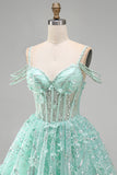 A-Line Mint Cold Shoulder Floral Corset Beaded Homecoming Dress