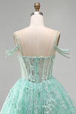 A-Line Mint Cold Shoulder Floral Corset Beaded Homecoming Dress
