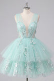 A-Line Mint V-Neck Tulle Floral Appliqued Homecoming Dress