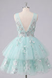 A-Line Mint V-Neck Tulle Floral Appliqued Homecoming Dress