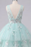 A-Line Mint V-Neck Tulle Floral Appliqued Homecoming Dress