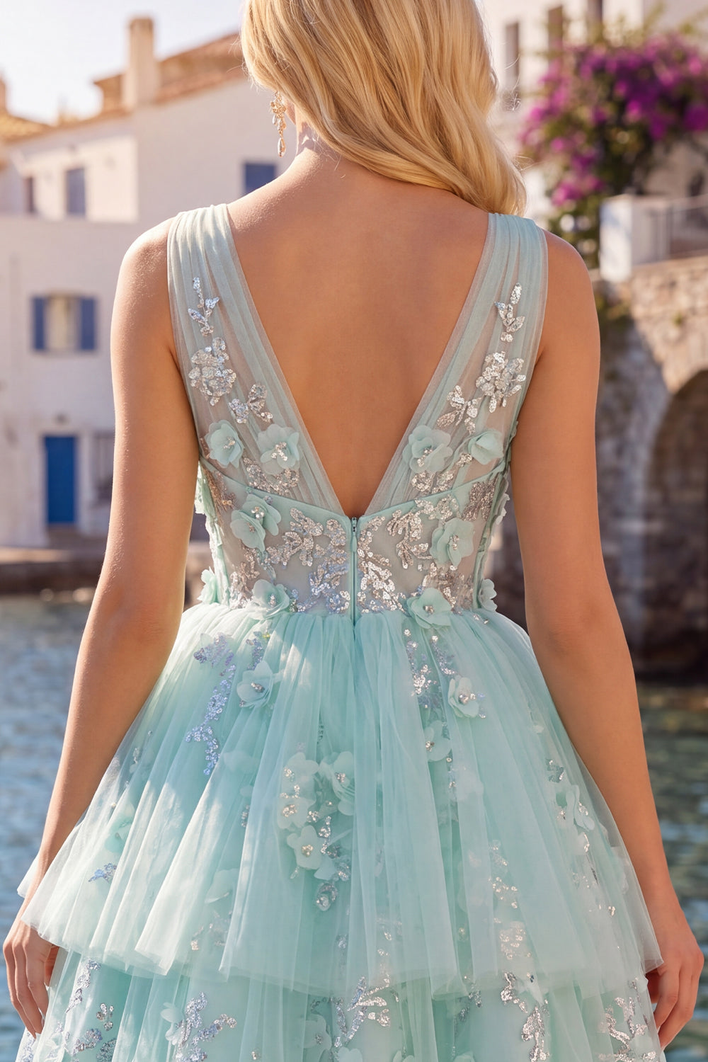 Zapaka Women Mint A-Line Homecoming Dress V-Neck Tulle Floral Appliqued Mini Cocktail Party Dress, Mint / US26W