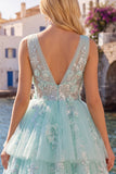 A-Line Mint V-Neck Tulle Floral Appliqued Homecoming Dress