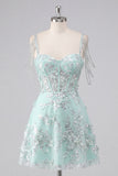 Off the Shoulder A-Line Corset Mint Floral Appliqued Homecoming Dress