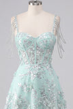 Off the Shoulder A-Line Corset Mint Floral Appliqued Homecoming Dress