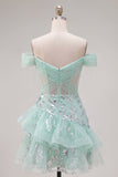 Off the Shoulder Mint Corset Sequins Homecoming Dress with Ruffles