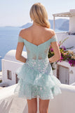 Off the Shoulder Mint Corset Sequins Homecoming Dress with Ruffles