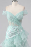 Off the Shoulder Mint Corset Sequins Homecoming Dress with Ruffles