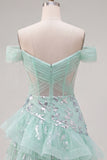 Off the Shoulder Mint Corset Sequins Homecoming Dress with Ruffles