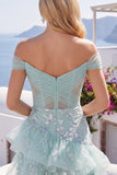 Off the Shoulder Mint Corset Sequins Homecoming Dress with Ruffles