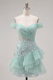Off the Shoulder Mint Corset Sequins Homecoming Dress with Ruffles