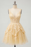 Butter Yellow V-Neck Corset A-Line Floral Homecoming Dress