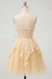 Butter Yellow V-Neck Corset A-Line Floral Homecoming Dress