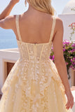 Butter Yellow V-Neck Corset A-Line Floral Homecoming Dress