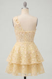 Butter Yellow One Shoulder Corset A-Line Floral Homecoming Dress