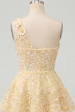 Butter Yellow One Shoulder Corset A-Line Floral Homecoming Dress