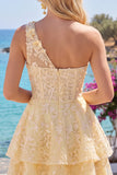 Butter Yellow One Shoulder Corset A-Line Floral Homecoming Dress