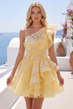 One Shoulder Butter Yellow Ruffled A-Line Floral Homecoming Dress