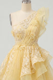 One Shoulder Butter Yellow Ruffled A-Line Floral Homecoming Dress