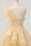 One Shoulder Butter Yellow Ruffled A-Line Floral Homecoming Dress