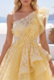 One Shoulder Butter Yellow Ruffled A-Line Floral Homecoming Dress