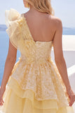 One Shoulder Butter Yellow Ruffled A-Line Floral Homecoming Dress