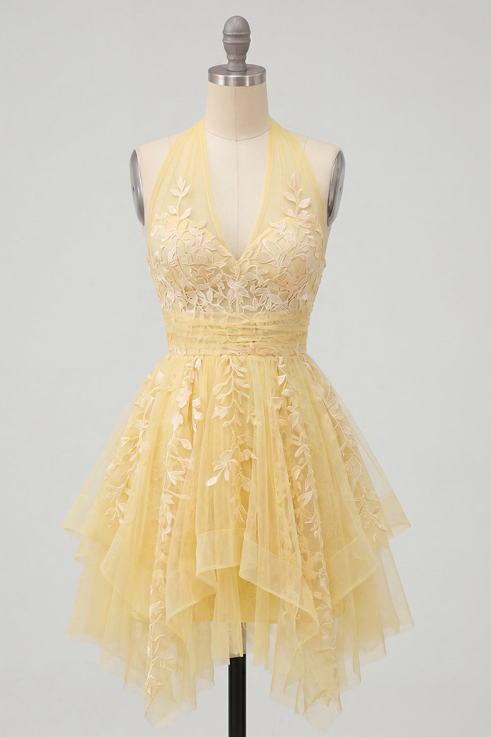 Zapaka Women Butter Yellow A-Line Homecoming Dress Halter Neck Asymmetrical Floral Mini Cocktail Party Dress, Butter Yellow / US10 Zapaka Women Butter Yellow A-Line Homecoming Dress Halter Neck Asymmetrical Floral Mini Cocktail Party Dress, Butter Yellow / US10