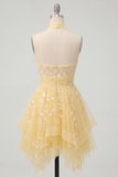 Butter Yellow A-Line Halter Neck Floral Homecoming Dress