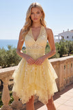 Butter Yellow A-Line Halter Neck Floral Homecoming Dress