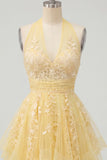 Butter Yellow A-Line Halter Neck Floral Homecoming Dress