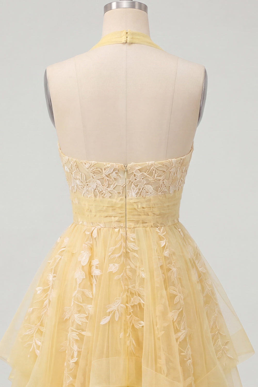 Zapaka Women Butter Yellow A-Line Homecoming Dress Halter Neck Asymmetrical Floral Mini Cocktail Party Dress, Butter Yellow / US10