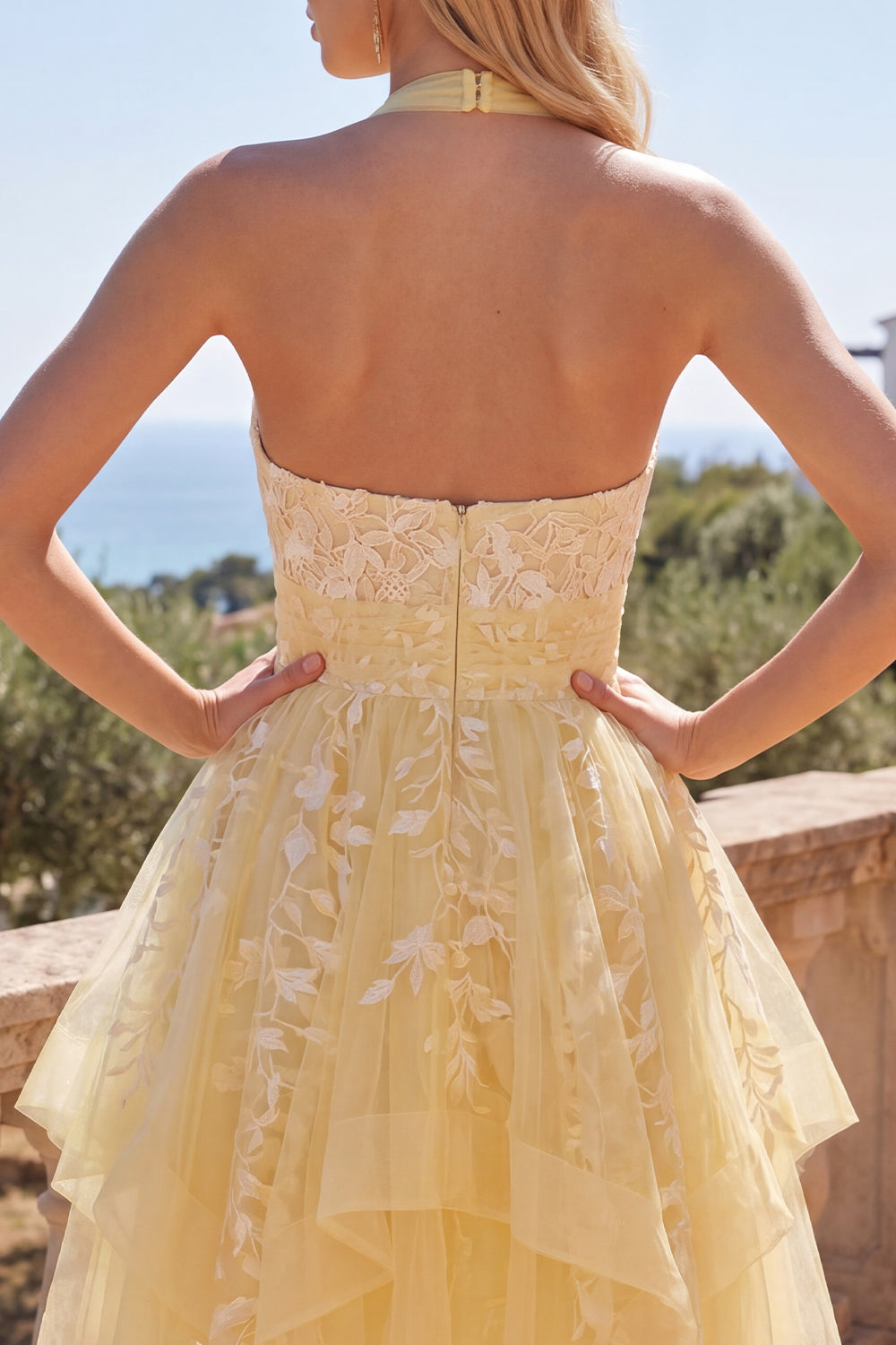 Zapaka Women Butter Yellow A-Line Homecoming Dress Halter Neck Asymmetrical Floral Mini Cocktail Party Dress, Butter Yellow / US10 Zapaka Women Butter Yellow A-Line Homecoming Dress Halter Neck Asymmetrical Floral Mini Cocktail Party Dress, Butter Yellow / US10