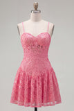 Hot Pink A-Line Spaghetti Straps Floral Homecoming Dress with Bow