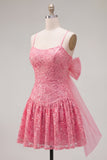 Hot Pink A-Line Spaghetti Straps Floral Homecoming Dress with Bow