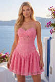 Hot Pink A-Line Spaghetti Straps Floral Homecoming Dress with Bow