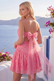 Hot Pink A-Line Spaghetti Straps Floral Homecoming Dress with Bow