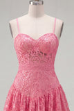 Hot Pink A-Line Spaghetti Straps Floral Homecoming Dress with Bow