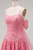 Hot Pink A-Line Spaghetti Straps Floral Homecoming Dress with Bow