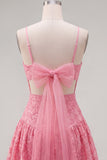 Hot Pink A-Line Spaghetti Straps Floral Homecoming Dress with Bow