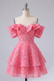 Off the Shoulder Hot Pink A-Line Floral Ruffled Homecoming Dress with Beading
