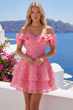 Off the Shoulder Hot Pink A-Line Floral Ruffled Homecoming Dress with Beading