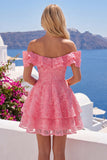Off the Shoulder Hot Pink A-Line Floral Ruffled Homecoming Dress with Beading