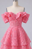 Off the Shoulder Hot Pink A-Line Floral Ruffled Homecoming Dress with Beading