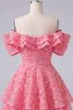 Off the Shoulder Hot Pink A-Line Floral Ruffled Homecoming Dress with Beading