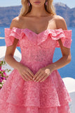 Off the Shoulder Hot Pink A-Line Floral Ruffled Homecoming Dress with Beading