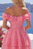 Off the Shoulder Hot Pink A-Line Floral Ruffled Homecoming Dress with Beading